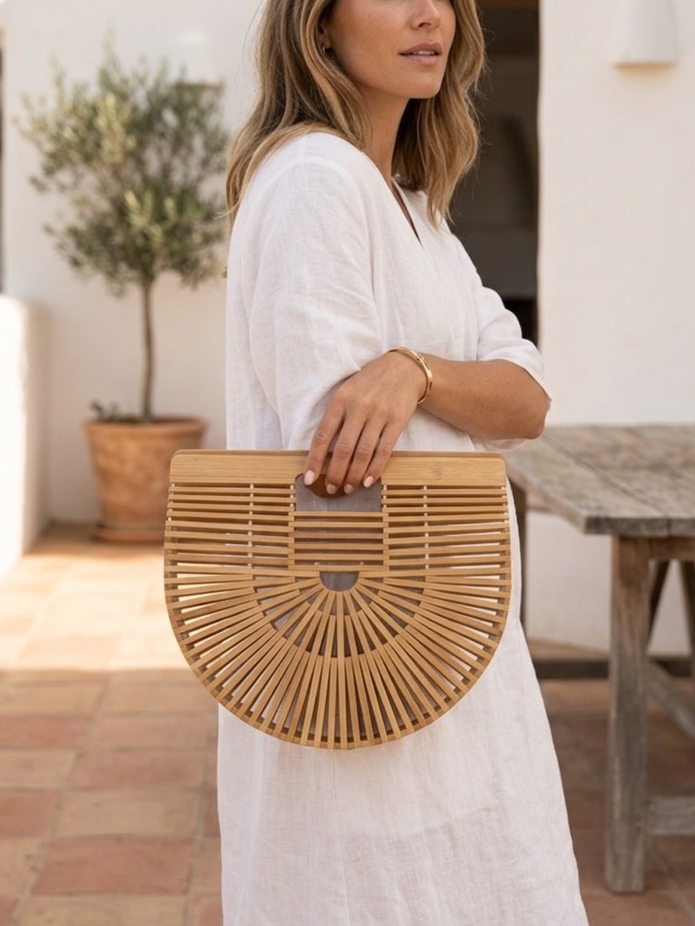 BAMBOO Semi-Circle Natural Bamboo Clutch